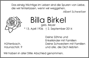 Traueranzeige von Billa Birkel von Pegnitz-Zeitung